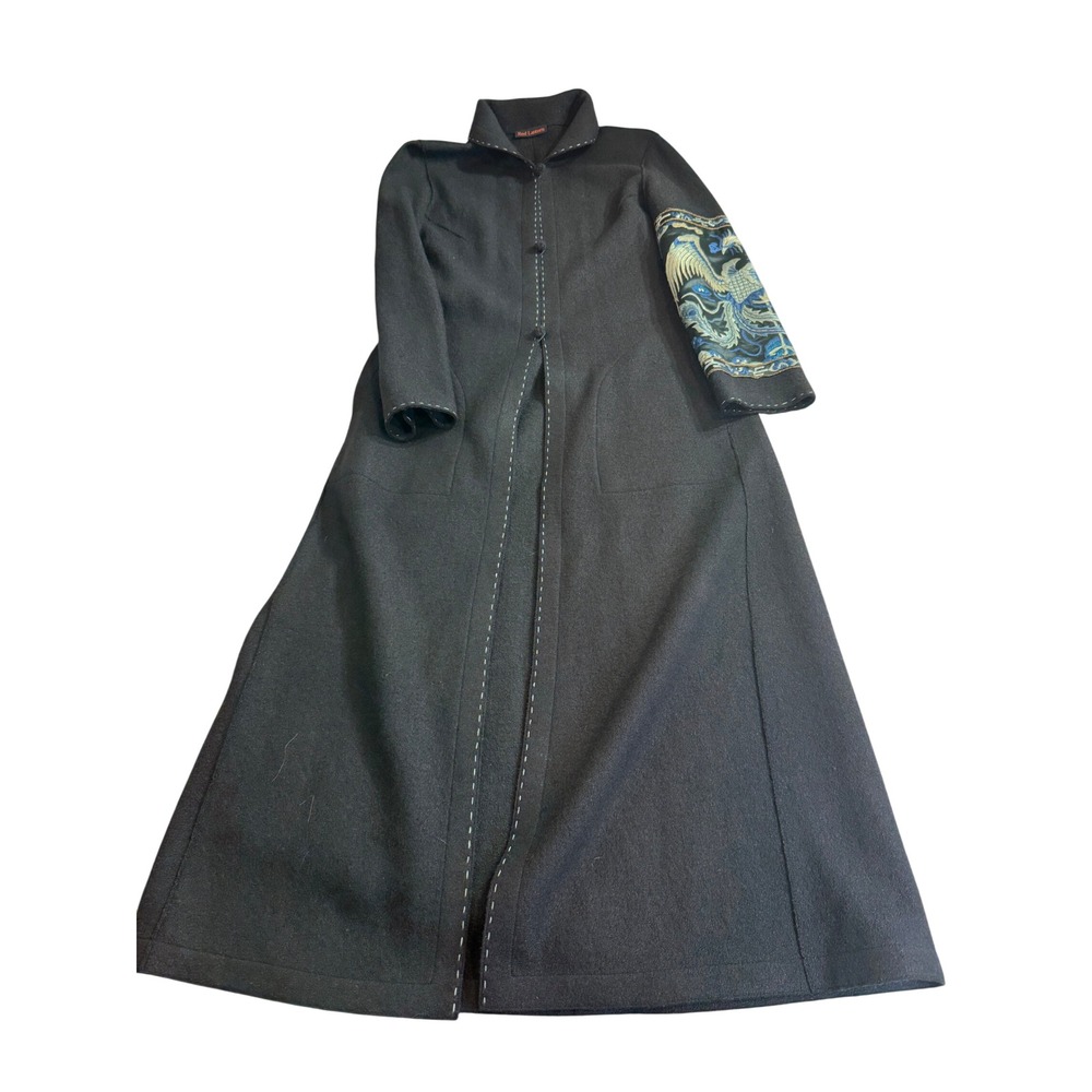 Red Lantern Wool Long Coat Black Embroidered Sleeves Frog Closure Duster